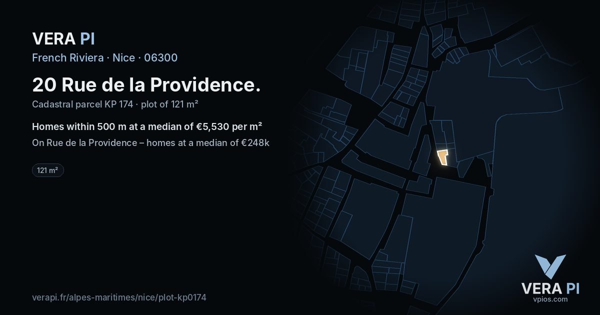 20 Rue de la Providence, Nice at night – the plot lit, the parcels around coloured by the prices near them