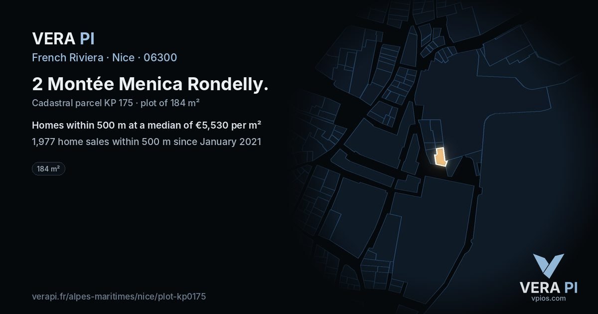 2 Montée Menica Rondelly, Nice at night – the plot lit, the parcels around coloured by the prices near them