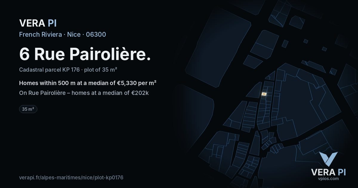 6 Rue Pairolière, Nice at night – the plot lit, the parcels around coloured by the prices near them