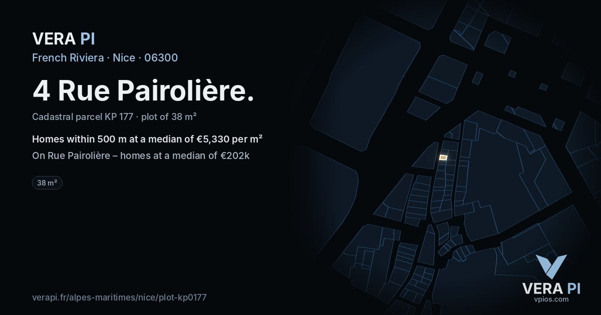 4 Rue Pairolière, Nice at night – the plot lit, the parcels around coloured by the prices near them