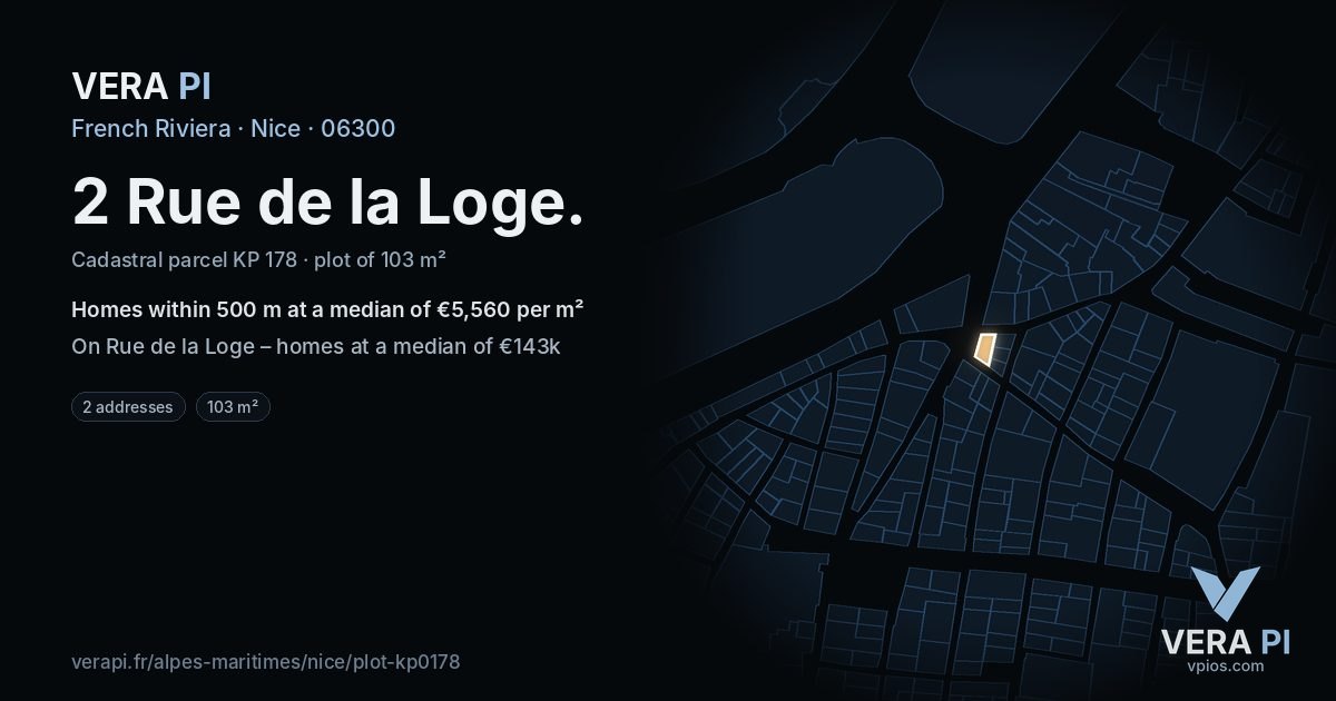 2 Rue de la Loge, Nice at night – the plot lit, the parcels around coloured by the prices near them