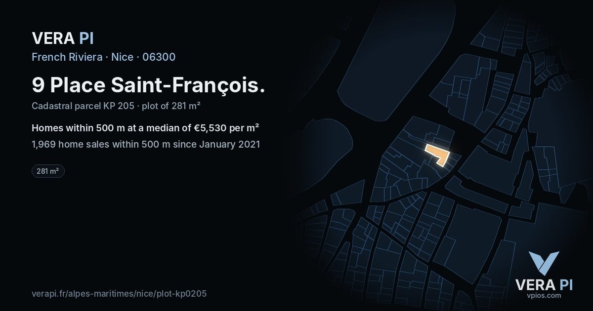 9 Place Saint-François, Nice at night – the plot lit, the parcels around coloured by the prices near them