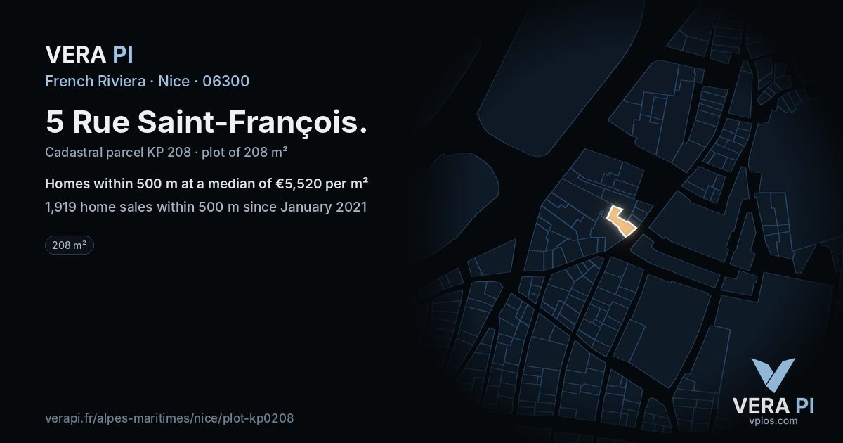 5 Rue Saint-François, Nice at night – the plot lit, the parcels around coloured by the prices near them