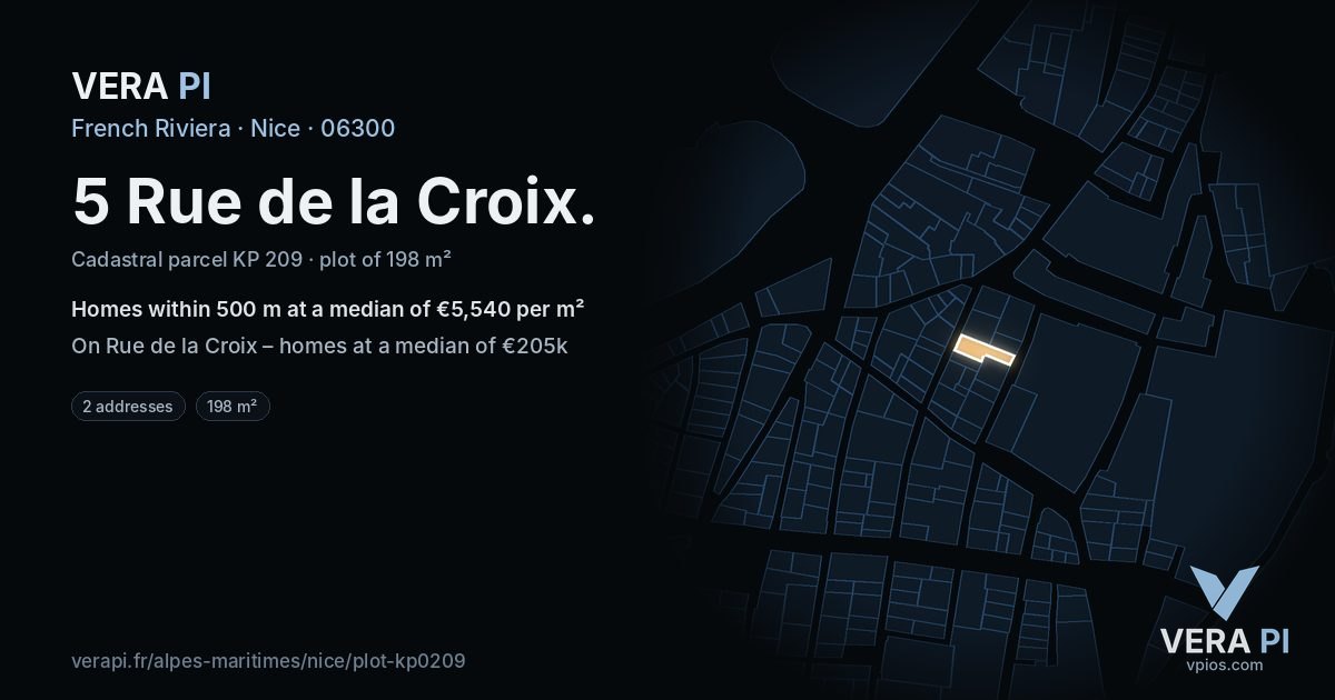 5 Rue de la Croix, Nice at night – the plot lit, the parcels around coloured by the prices near them