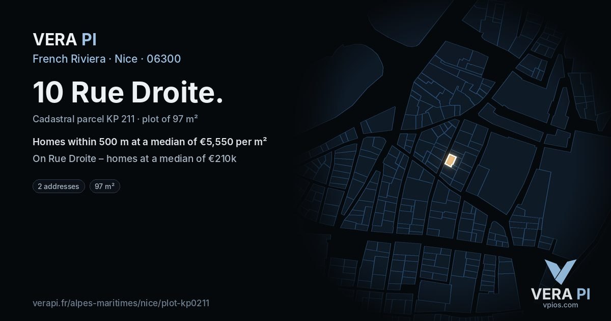 10 Rue Droite, Nice at night – the plot lit, the parcels around coloured by the prices near them