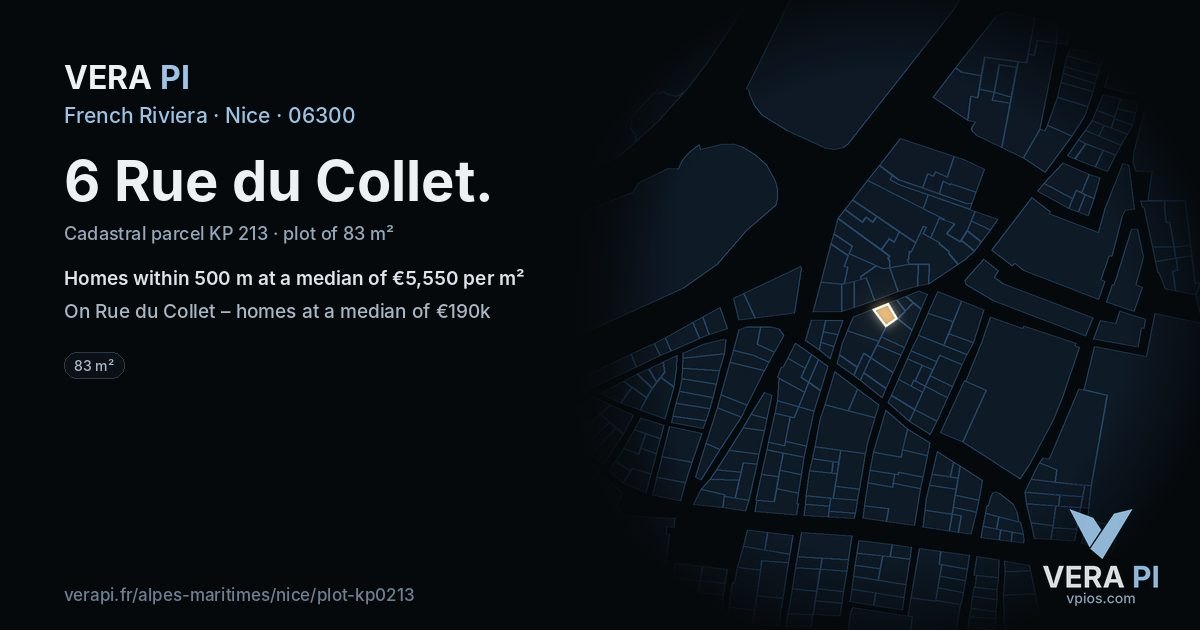 6 Rue du Collet, Nice at night – the plot lit, the parcels around coloured by the prices near them
