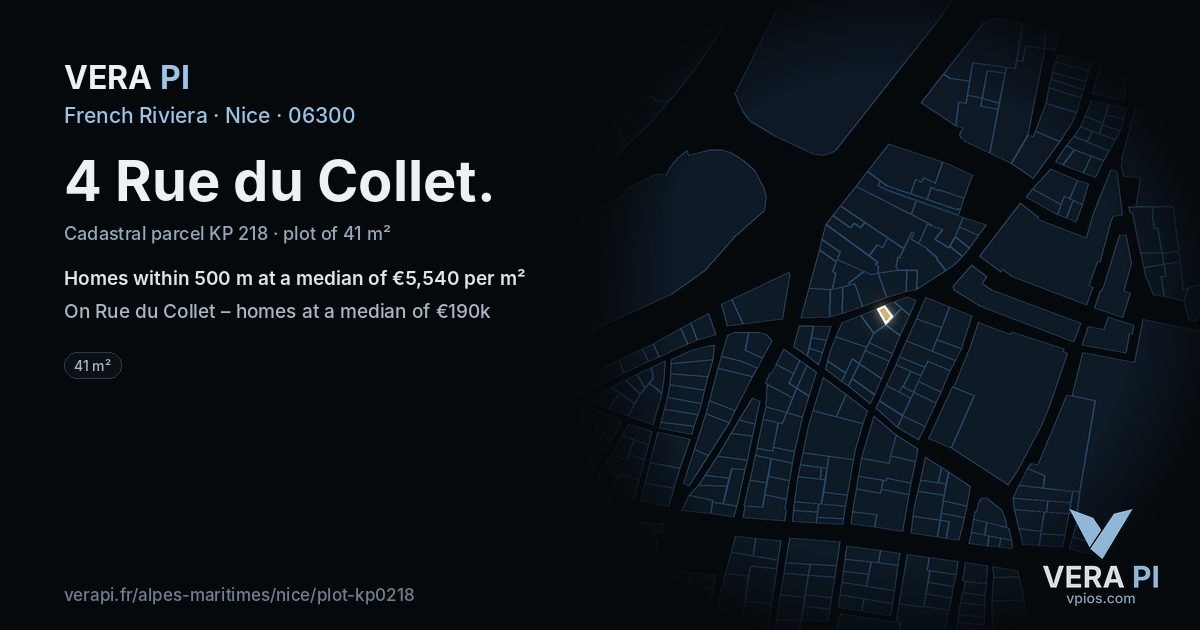 4 Rue du Collet, Nice at night – the plot lit, the parcels around coloured by the prices near them