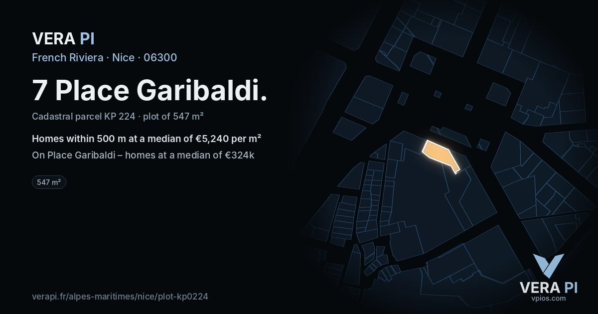 7 Place Garibaldi, Nice at night – the plot lit, the parcels around coloured by the prices near them