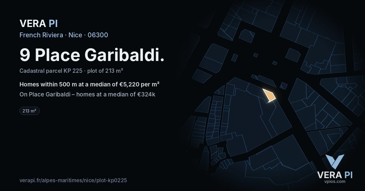 9 Place Garibaldi, Nice at night – the plot lit, the parcels around coloured by the prices near them