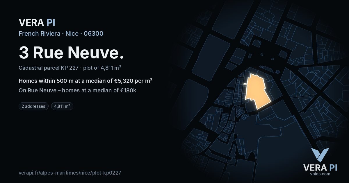 3 Rue Neuve, Nice at night – the plot lit, the parcels around coloured by the prices near them
