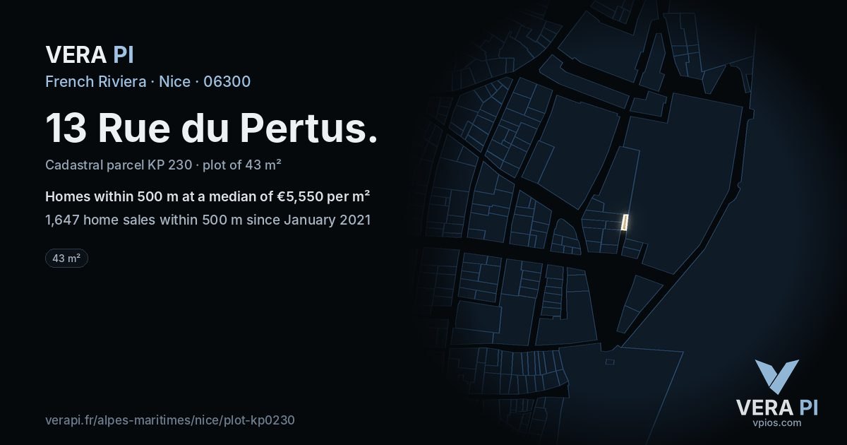 13 Rue du Pertus, Nice at night – the plot lit, the parcels around coloured by the prices near them