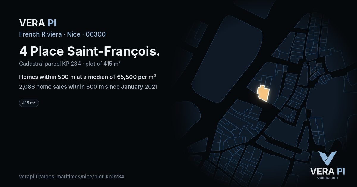 4 Place Saint-François, Nice at night – the plot lit, the parcels around coloured by the prices near them