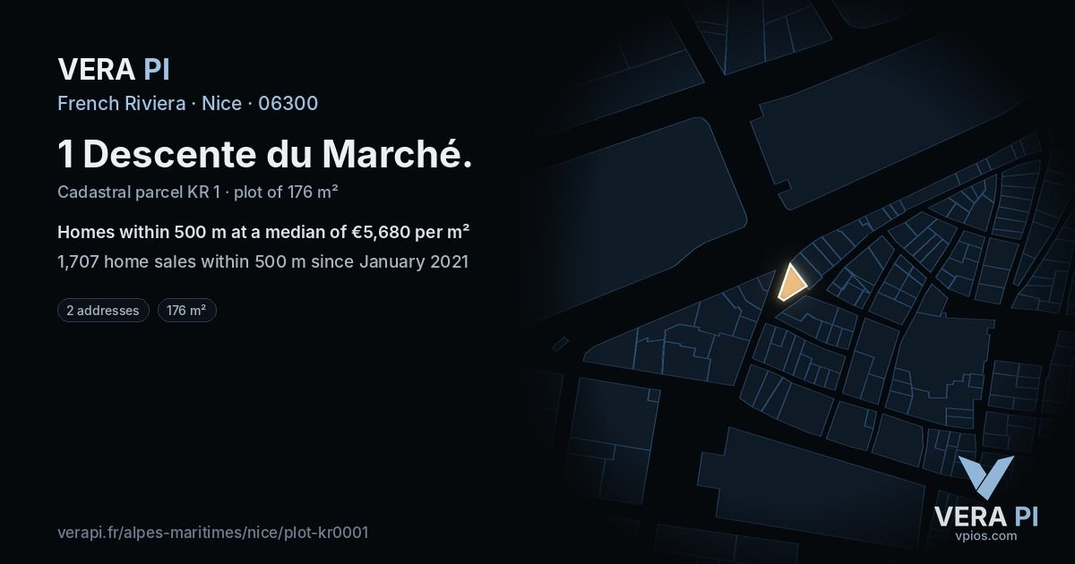 1 Descente du Marché, Nice at night – the plot lit, the parcels around coloured by the prices near them