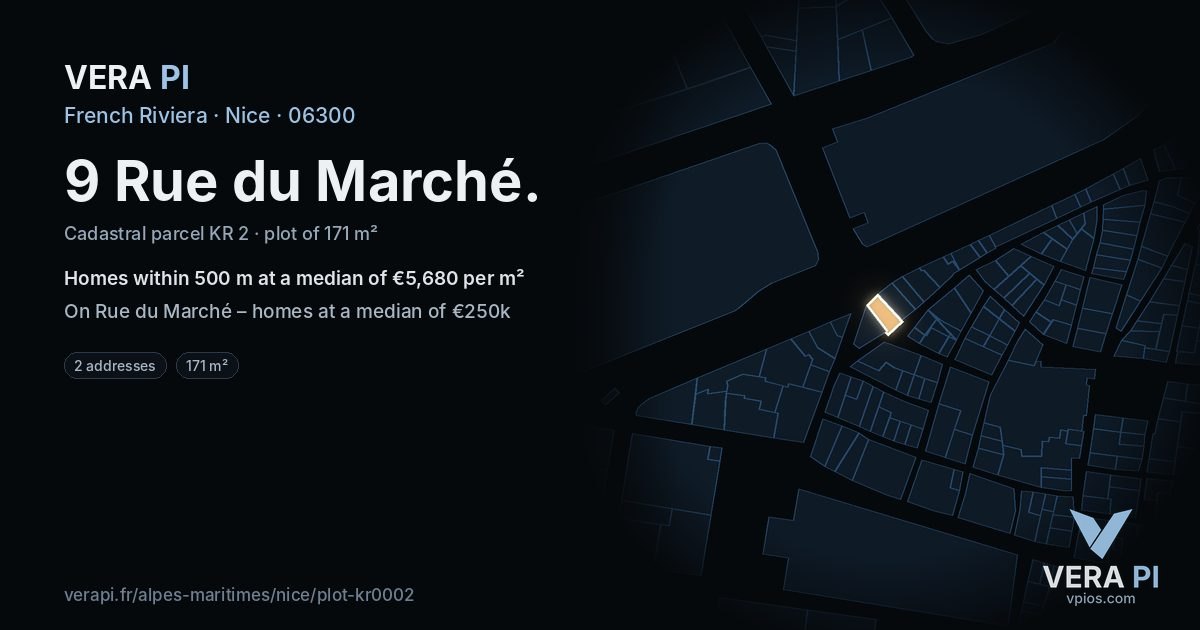 9 Rue du Marché, Nice at night – the plot lit, the parcels around coloured by the prices near them