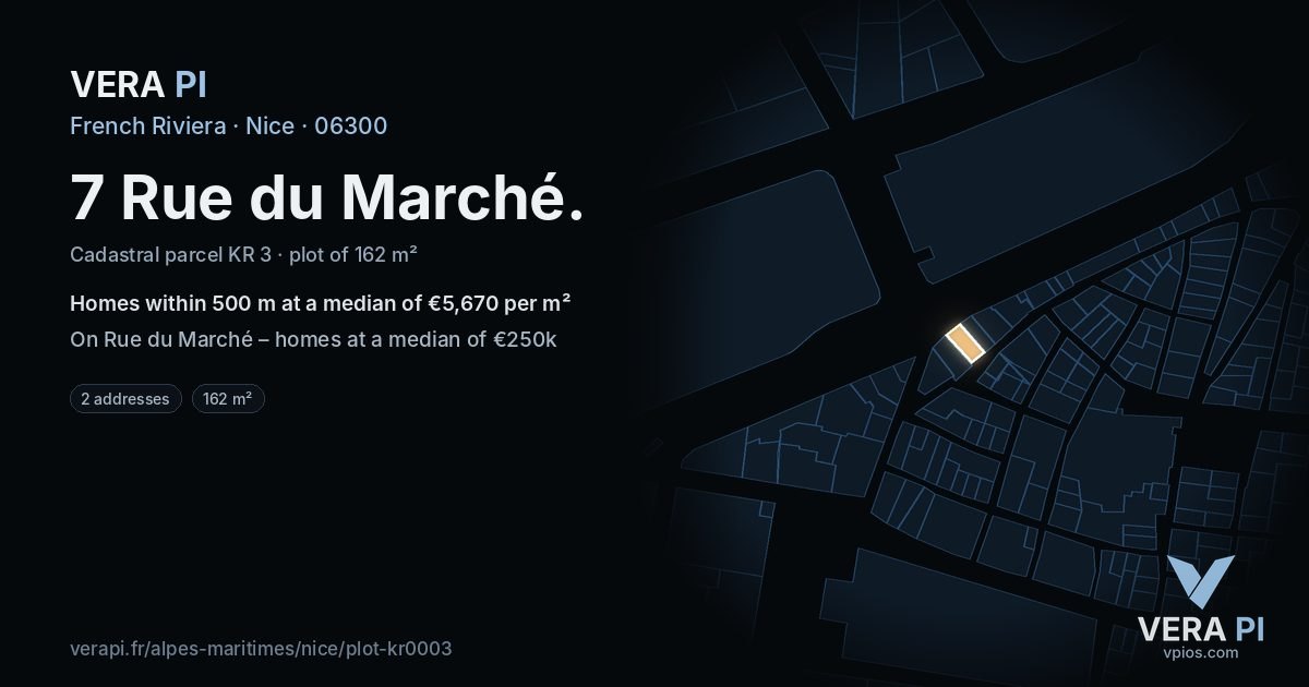 7 Rue du Marché, Nice at night – the plot lit, the parcels around coloured by the prices near them