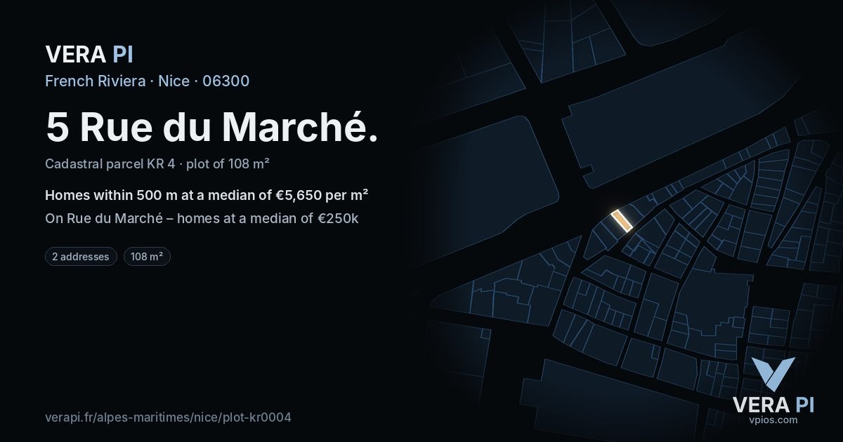 5 Rue du Marché, Nice at night – the plot lit, the parcels around coloured by the prices near them