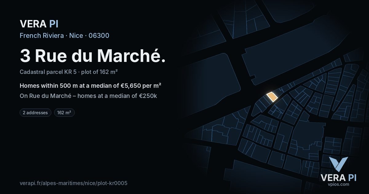 3 Rue du Marché, Nice at night – the plot lit, the parcels around coloured by the prices near them