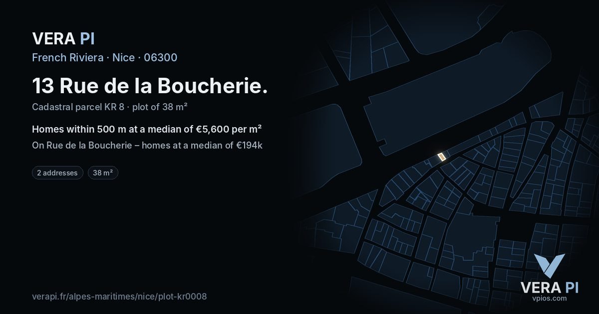 13 Rue de la Boucherie, Nice at night – the plot lit, the parcels around coloured by the prices near them