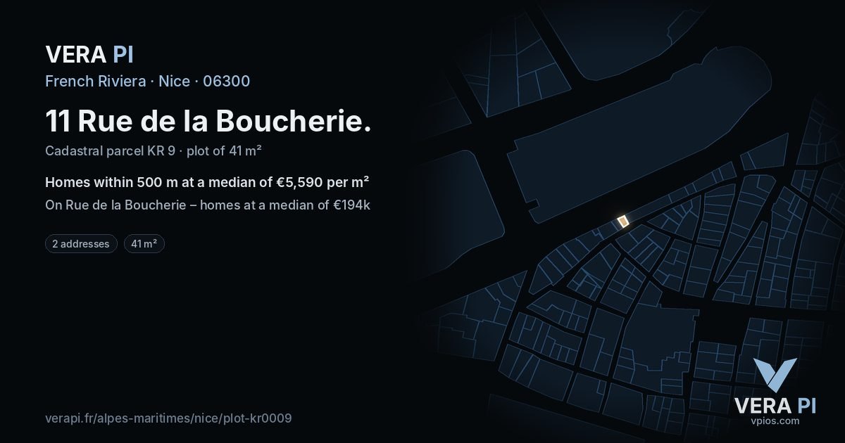 11 Rue de la Boucherie, Nice at night – the plot lit, the parcels around coloured by the prices near them
