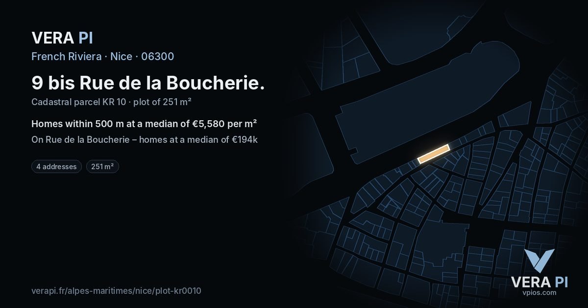 9 bis Rue de la Boucherie, Nice at night – the plot lit, the parcels around coloured by the prices near them