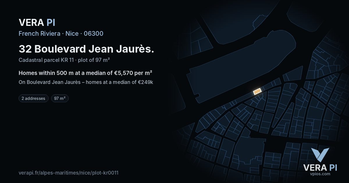 32 Boulevard Jean Jaurès, Nice at night – the plot lit, the parcels around coloured by the prices near them
