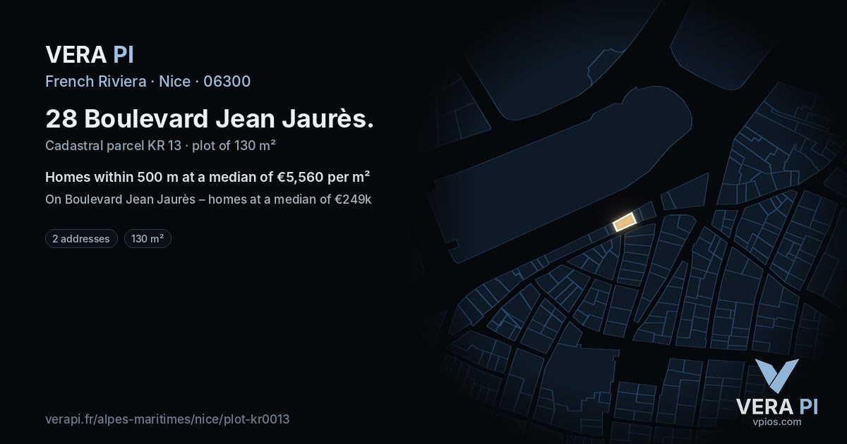 28 Boulevard Jean Jaurès, Nice at night – the plot lit, the parcels around coloured by the prices near them