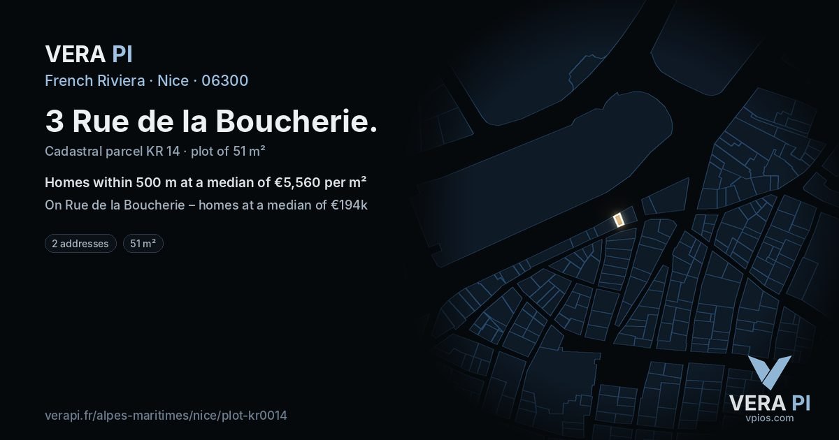 3 Rue de la Boucherie, Nice at night – the plot lit, the parcels around coloured by the prices near them