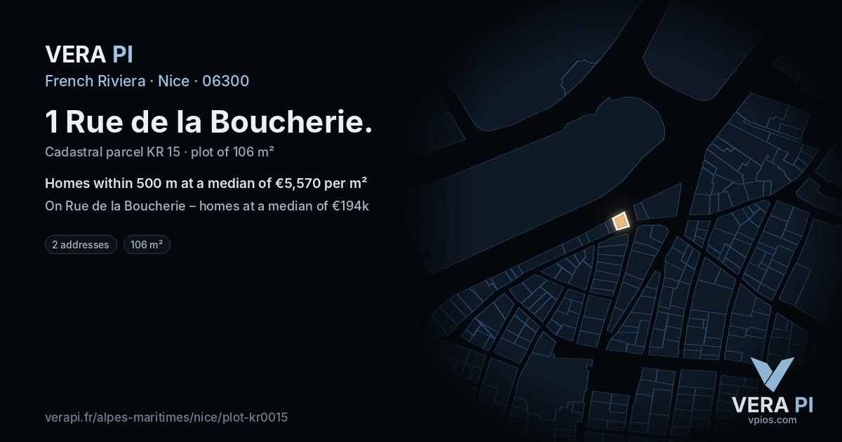1 Rue de la Boucherie, Nice at night – the plot lit, the parcels around coloured by the prices near them