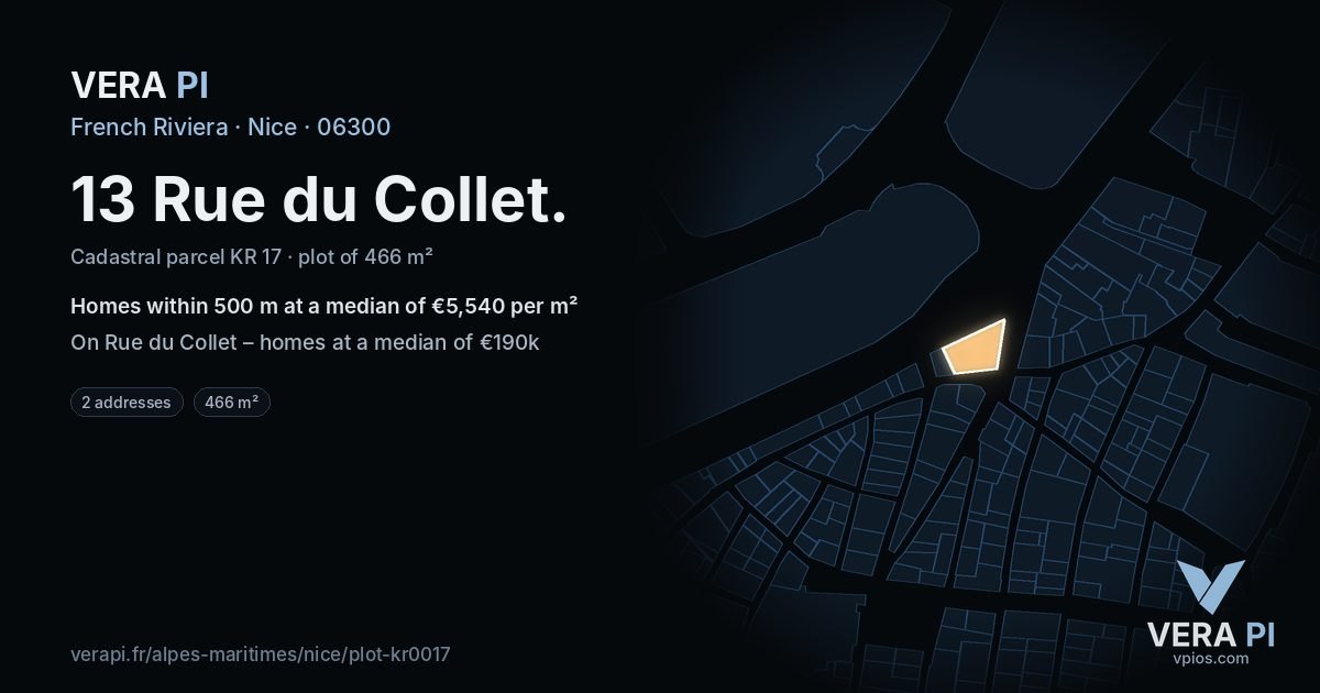 13 Rue du Collet, Nice at night – the plot lit, the parcels around coloured by the prices near them