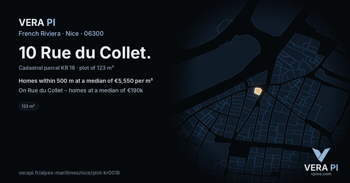 10 Rue du Collet, Nice at night – the plot lit, the parcels around coloured by the prices near them
