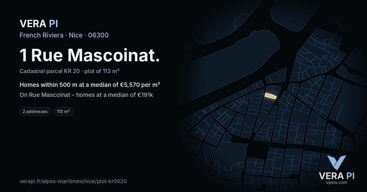 1 Rue Mascoinat, Nice at night – the plot lit, the parcels around coloured by the prices near them