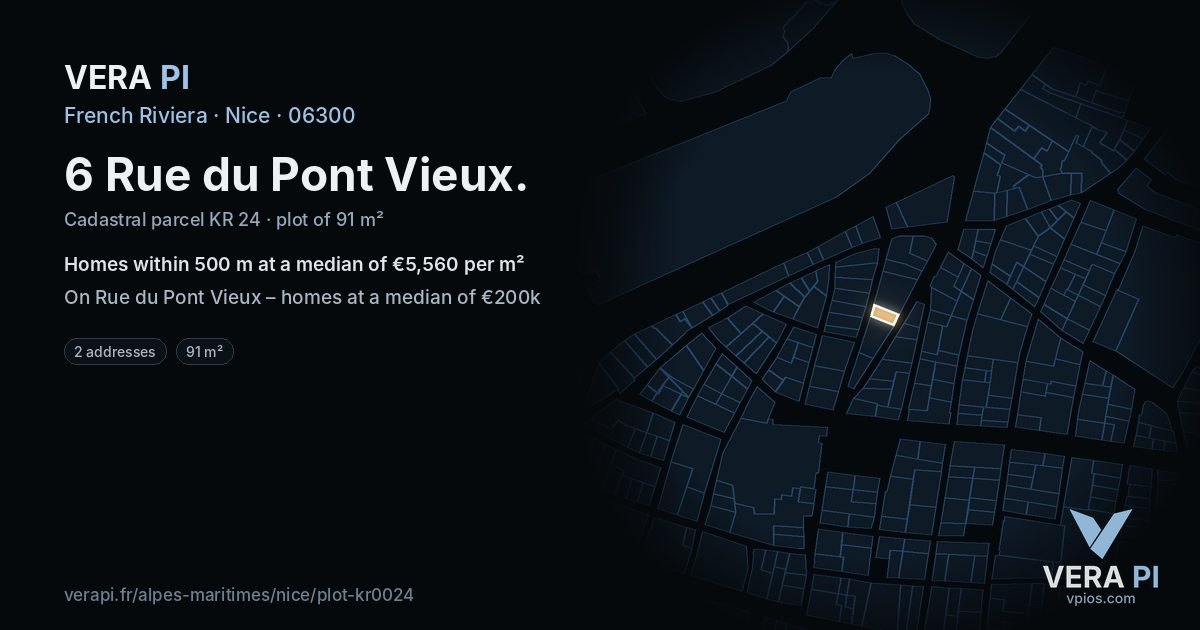 6 Rue du Pont Vieux, Nice at night – the plot lit, the parcels around coloured by the prices near them