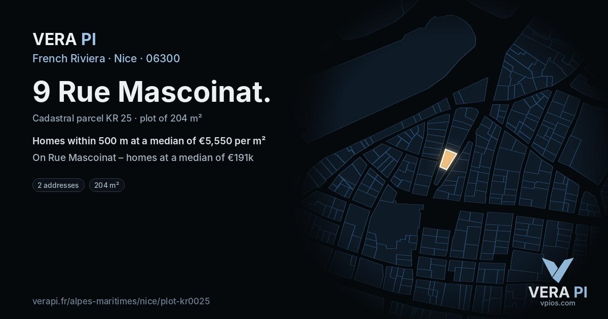 9 Rue Mascoinat, Nice at night – the plot lit, the parcels around coloured by the prices near them