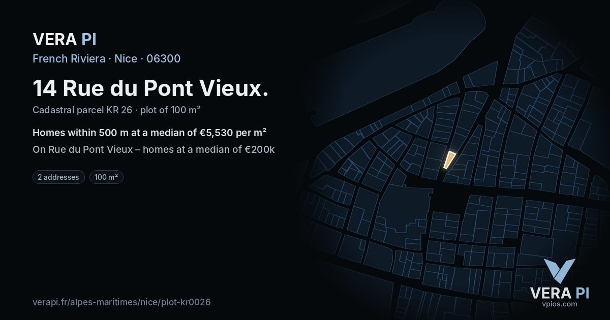 14 Rue du Pont Vieux, Nice at night – the plot lit, the parcels around coloured by the prices near them