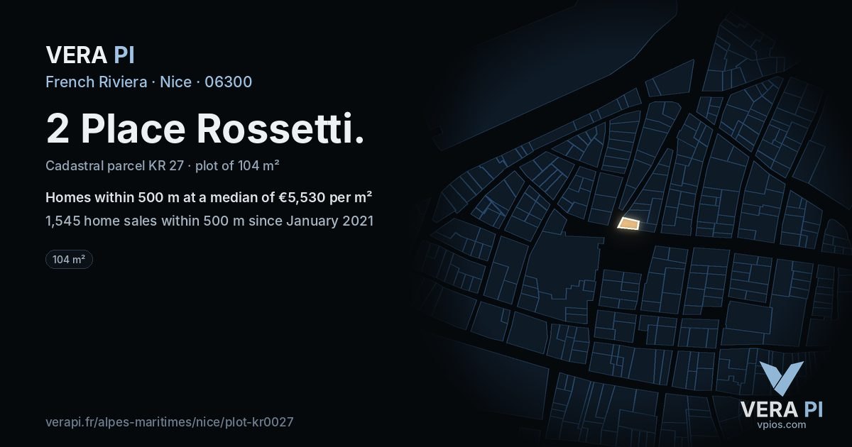 2 Place Rossetti, Nice at night – the plot lit, the parcels around coloured by the prices near them