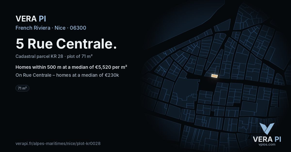 5 Rue Centrale, Nice at night – the plot lit, the parcels around coloured by the prices near them
