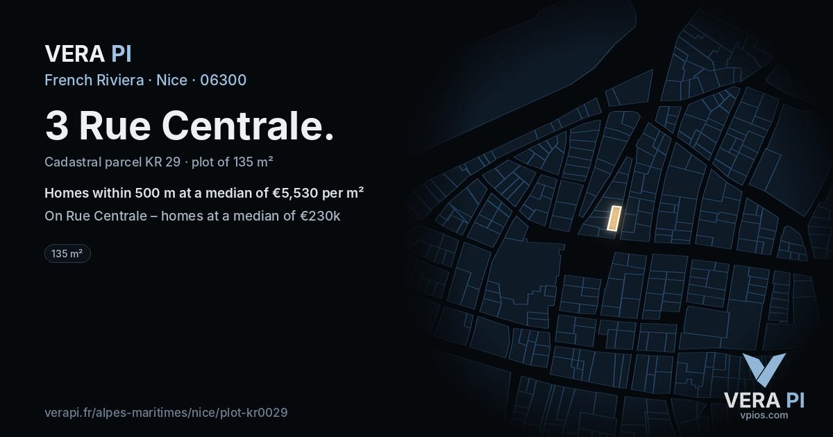 3 Rue Centrale, Nice at night – the plot lit, the parcels around coloured by the prices near them