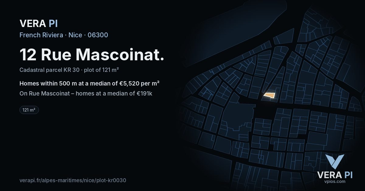 12 Rue Mascoinat, Nice at night – the plot lit, the parcels around coloured by the prices near them