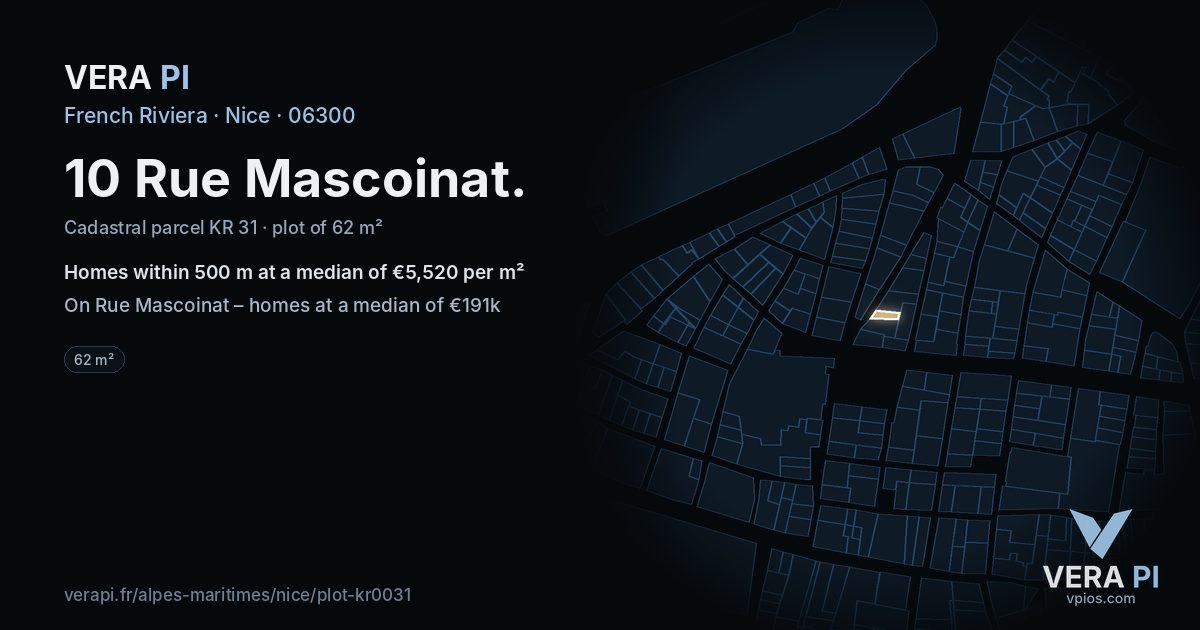10 Rue Mascoinat, Nice at night – the plot lit, the parcels around coloured by the prices near them