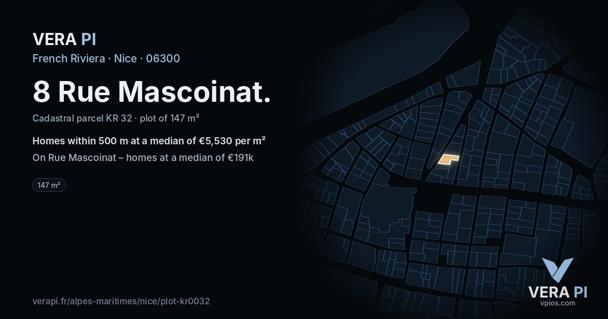 8 Rue Mascoinat, Nice at night – the plot lit, the parcels around coloured by the prices near them