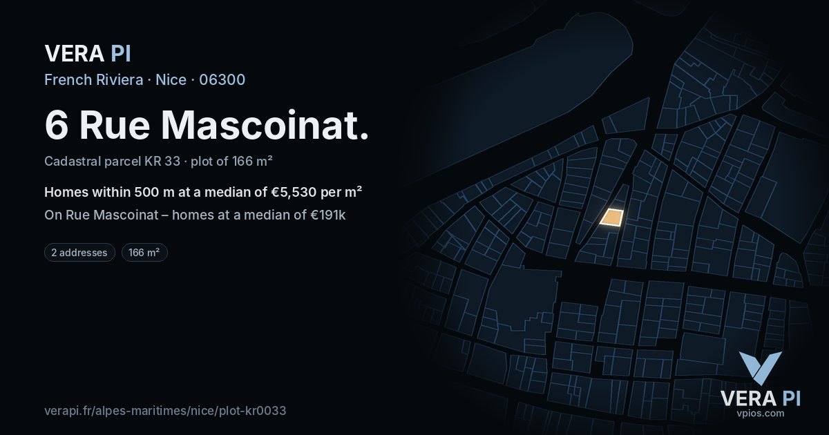 6 Rue Mascoinat, Nice at night – the plot lit, the parcels around coloured by the prices near them