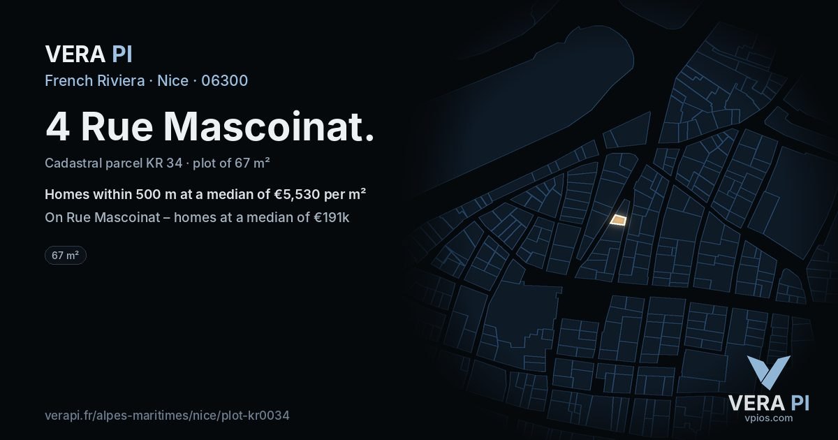 4 Rue Mascoinat, Nice at night – the plot lit, the parcels around coloured by the prices near them