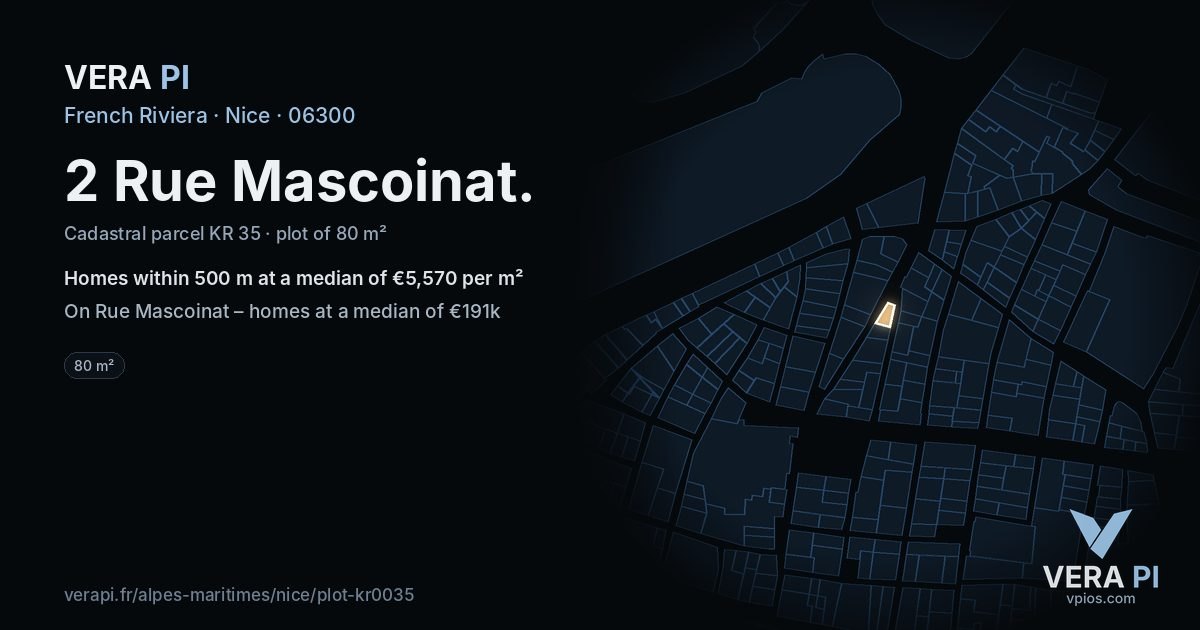 2 Rue Mascoinat, Nice at night – the plot lit, the parcels around coloured by the prices near them