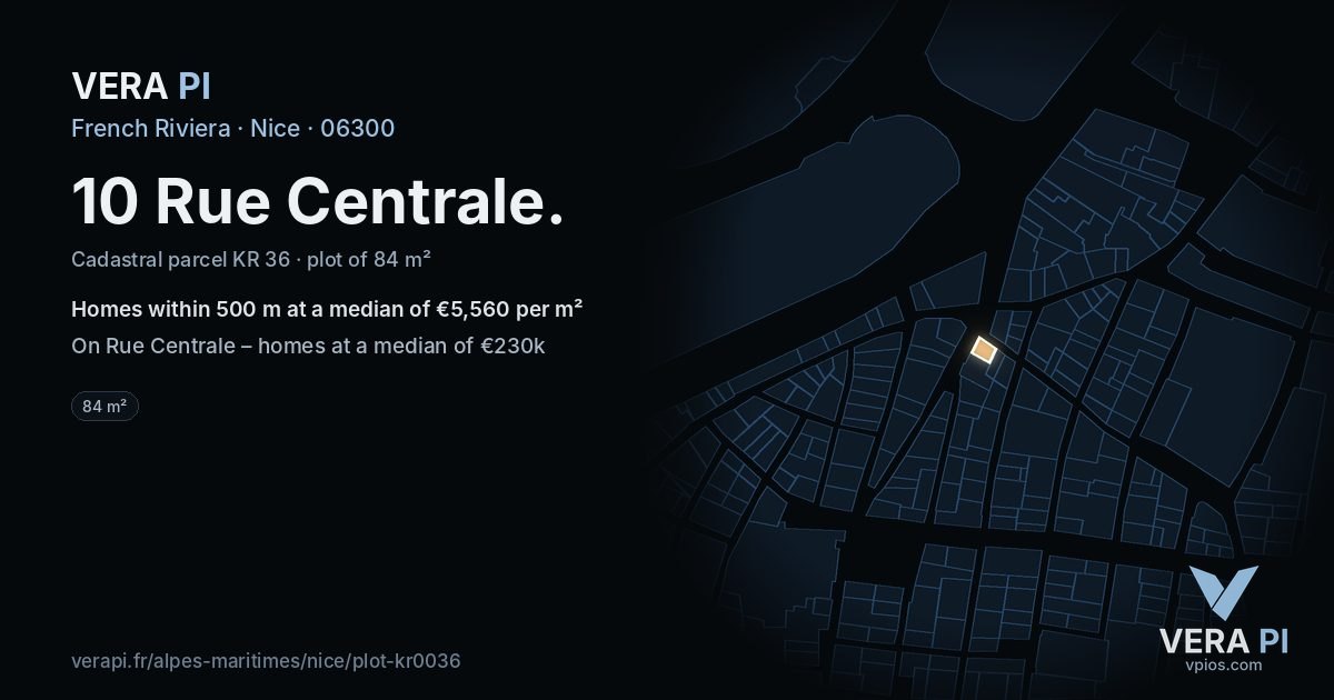 10 Rue Centrale, Nice at night – the plot lit, the parcels around coloured by the prices near them