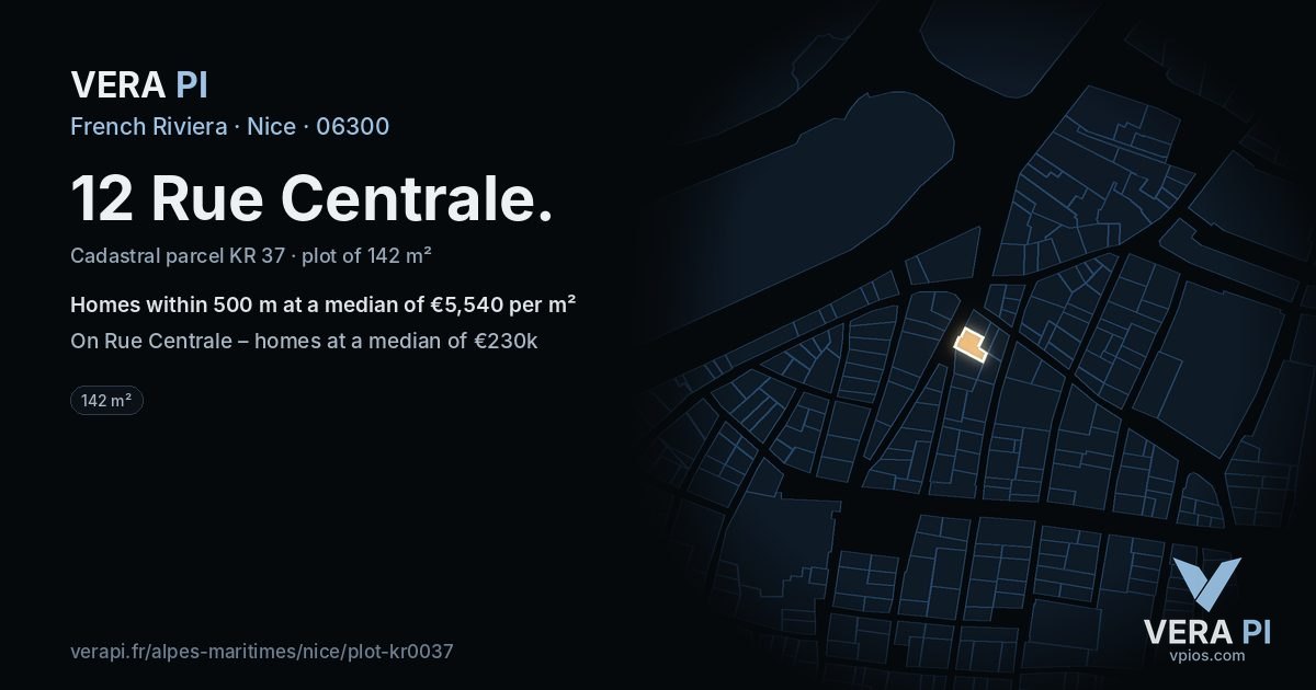 12 Rue Centrale, Nice at night – the plot lit, the parcels around coloured by the prices near them