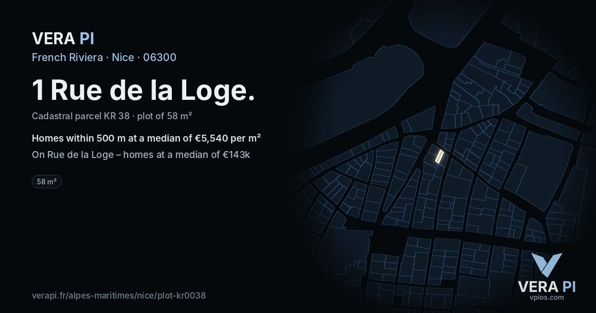 1 Rue de la Loge, Nice at night – the plot lit, the parcels around coloured by the prices near them