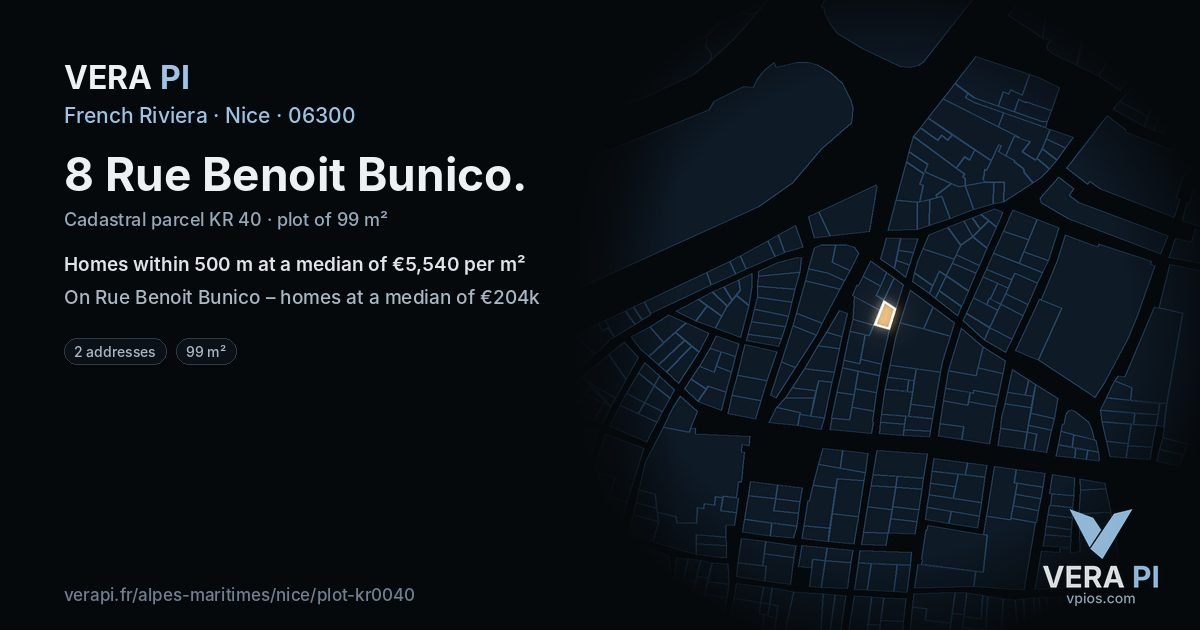8 Rue Benoit Bunico, Nice at night – the plot lit, the parcels around coloured by the prices near them