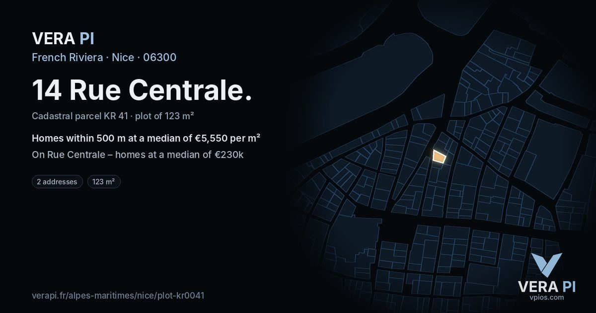 14 Rue Centrale, Nice at night – the plot lit, the parcels around coloured by the prices near them