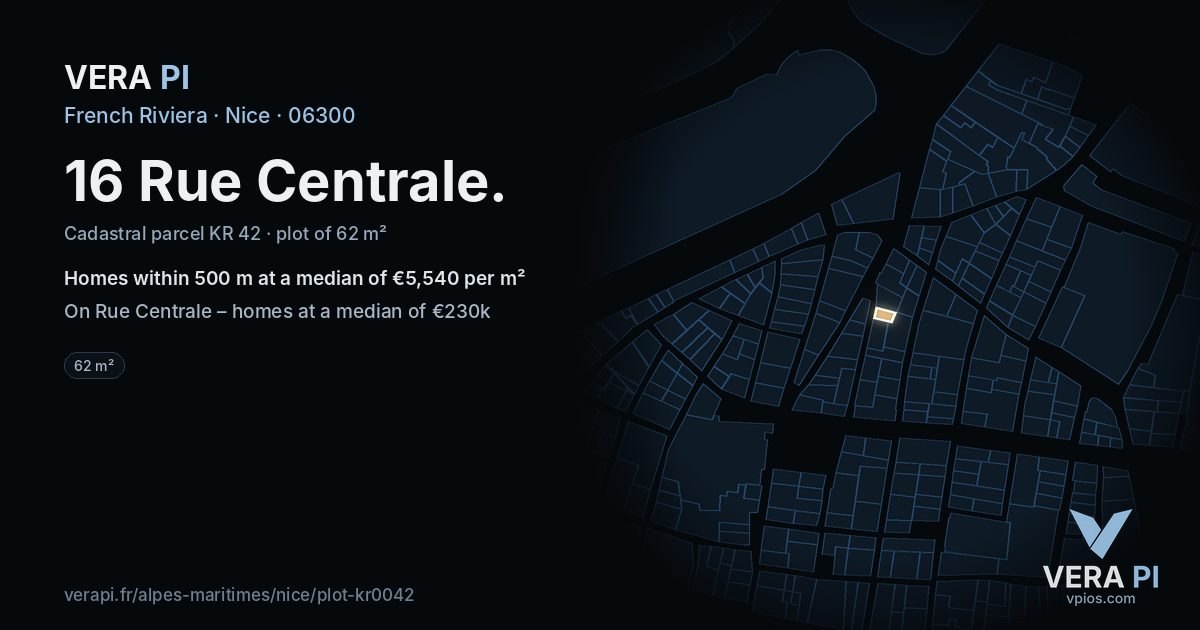 16 Rue Centrale, Nice at night – the plot lit, the parcels around coloured by the prices near them