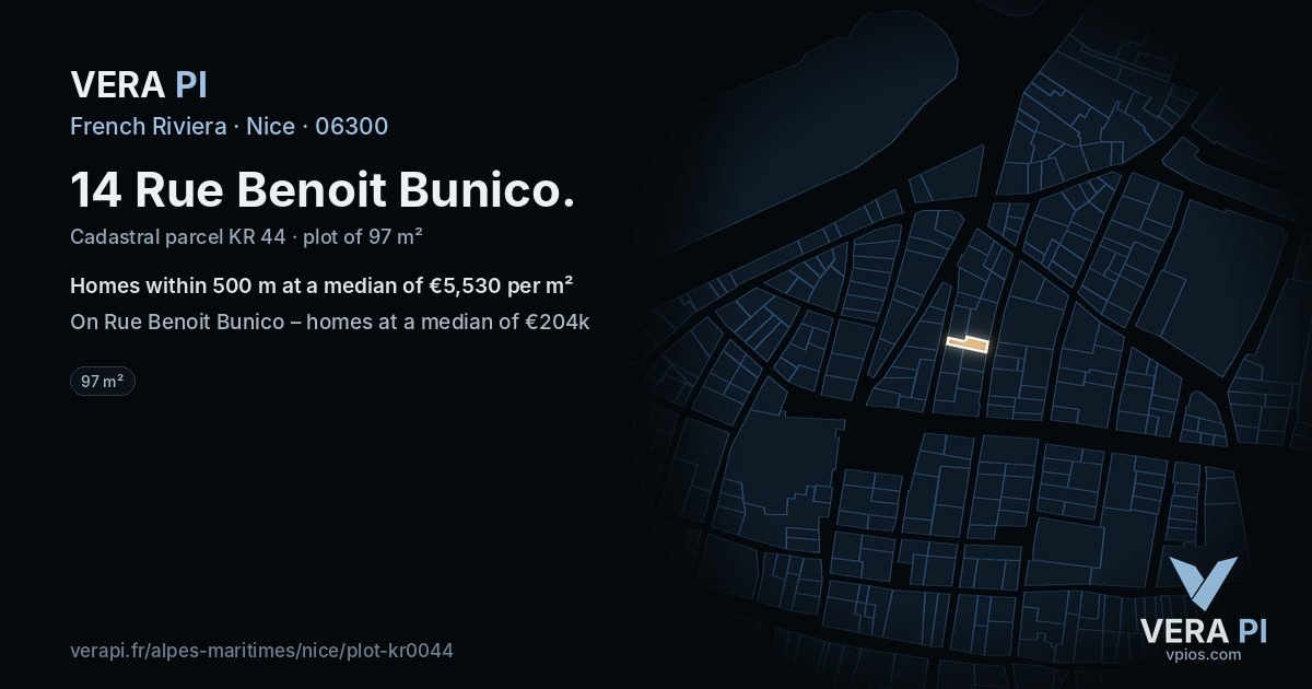 14 Rue Benoit Bunico, Nice at night – the plot lit, the parcels around coloured by the prices near them